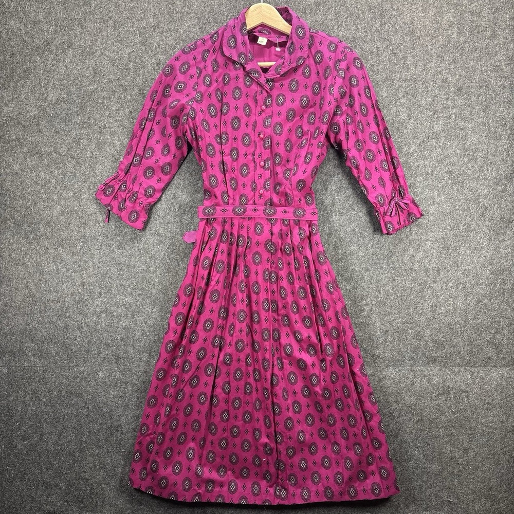 Vintage 60s Shirtwaist Dress Womens XS Belted Pink Medallion Mod MCM Madmen USA